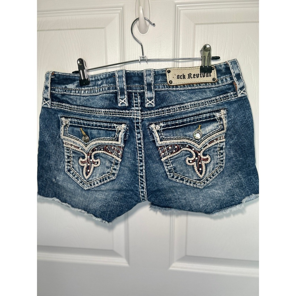 Rock Revival Bambi Low Rise Denim Shorts Size 29 Embellished Fleur de Lis Y2K